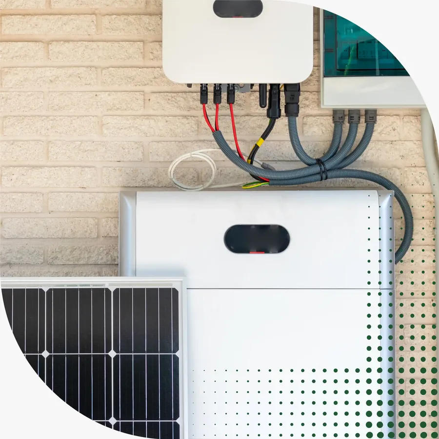 Home solar inverter and battery storage unit mounted on an exterior wall